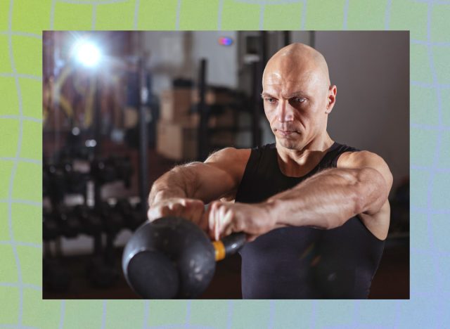 mature man with kettlebell at gym performing exercises to lose belly fat