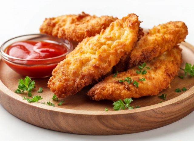 Fried Breaded chicken tender strips with tomato ketchup