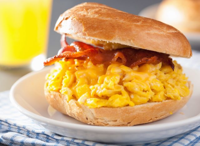 breakfast sandwich on bagel with egg bacon cheese