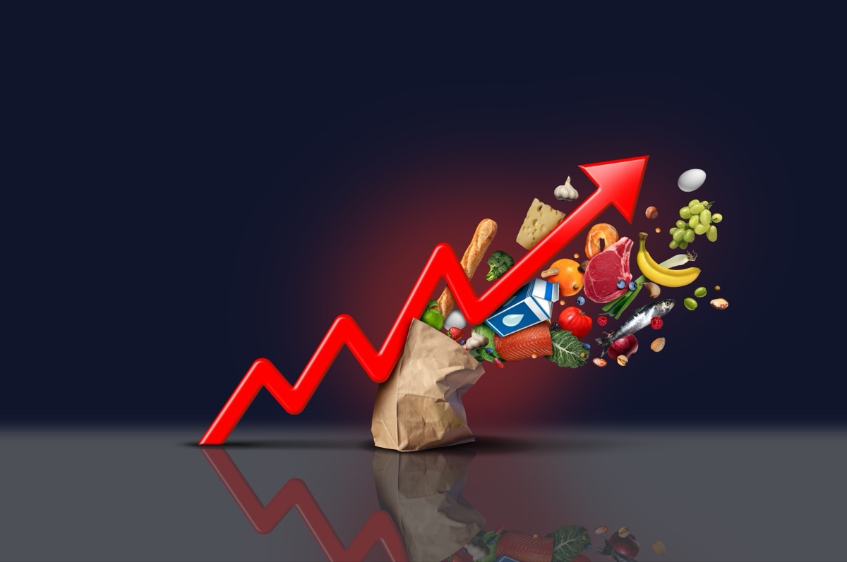 Rising food cost and grocery prices surging costs of supermarket groceries as an inflation financial crisis concept coming out of a paper bag hit by a finance graph arrow with 3D render elements.