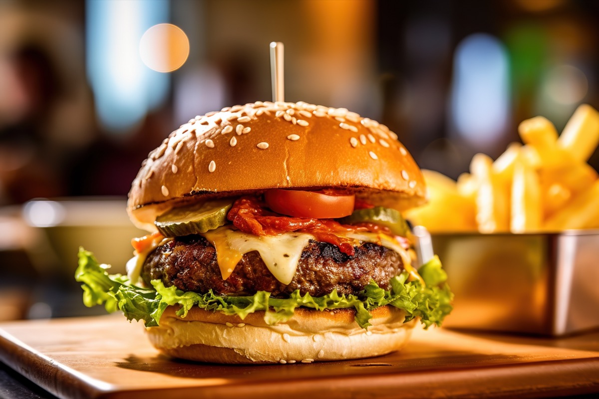 cheeseburger with tomatoes and pickles with a wooden stick on top and fries
