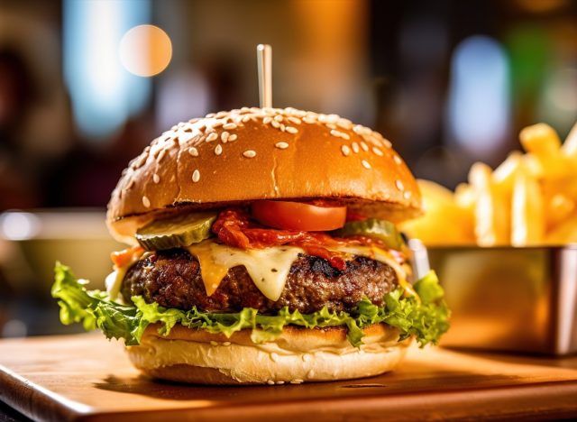 cheeseburger with tomatoes and pickles with a wooden stick on top and fries