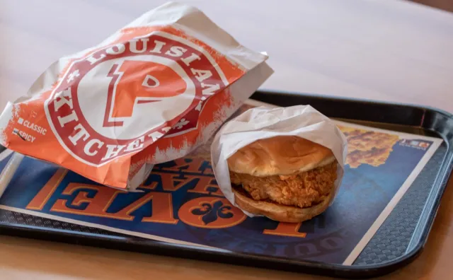 Portland, Oregon / USA - August 29 2019: A spicy chicken sandwich from Popeyes fast food restaurant. Popeyes Chicken Sandwiches have been in short supply for the past week.