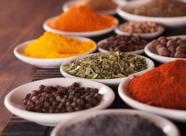 Various spices and peppercorns selection.