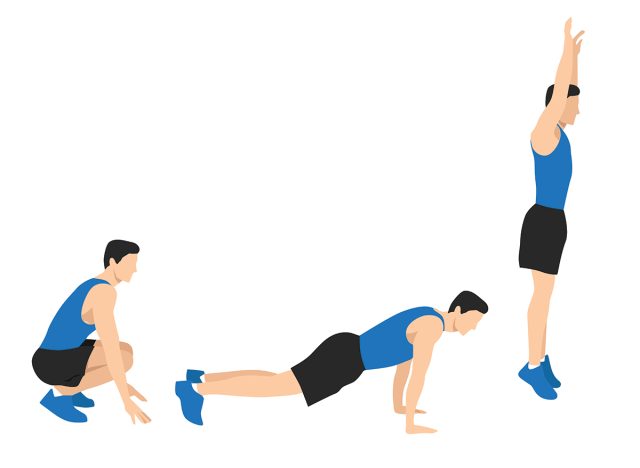 Man doing the Squat Thrust Burpee position in 3 steps exercise.