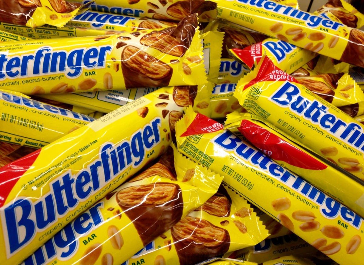 Nelsonville, Ohio, USA. Sept. 2019. Butterfinger candy bars advertising an improved recipe are for sale in a bin.