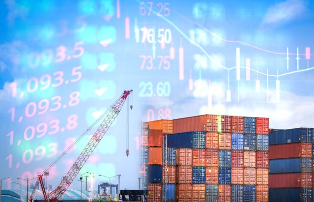 Crane and container shipping export import business logistics in harbor industry / World economy crisis stock market exchange loss trading graph business crash red price chart fall money decrease