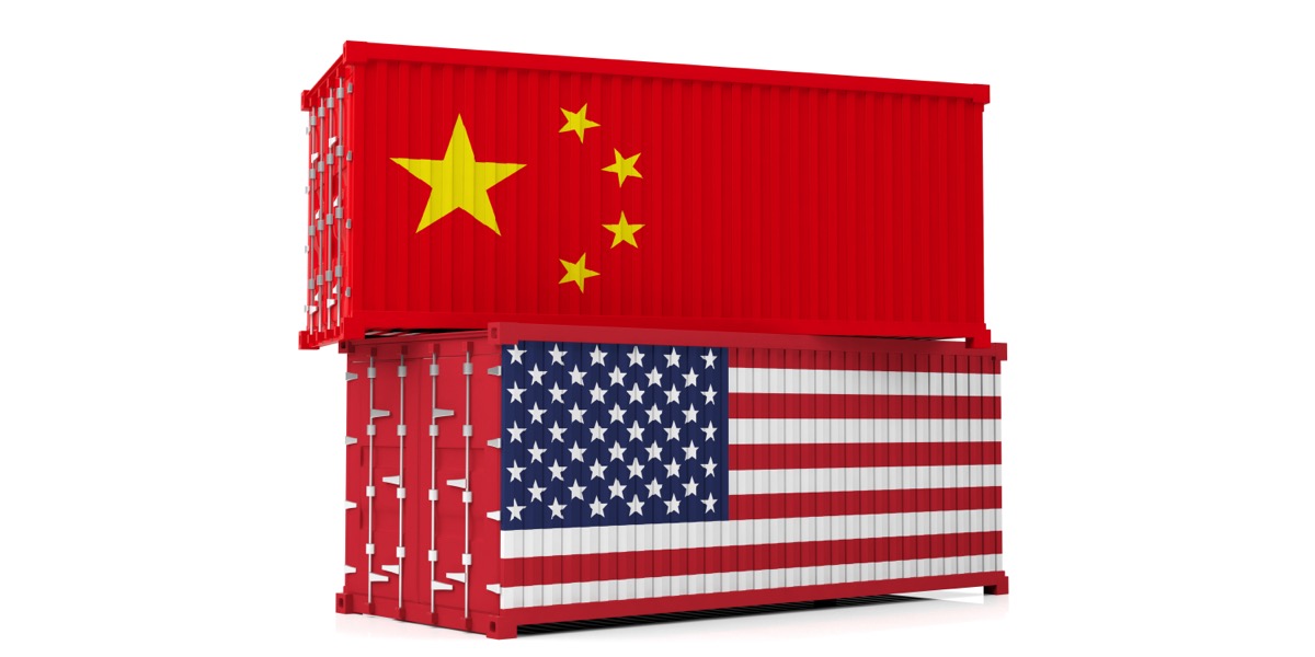 USA and China trade war. US of America and chinese flags cargo containers isolated on white background. 3d illustration