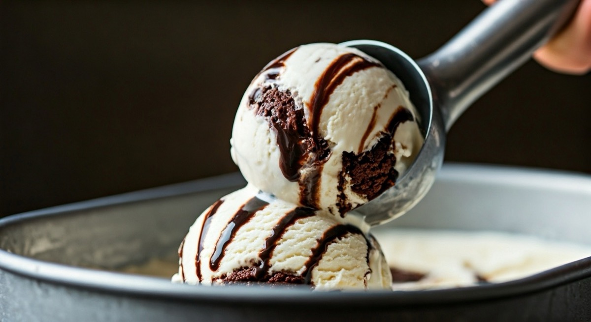 Indoor photo of vanilla ice cream with brownie and chocolate fudge sauce mixed in, being scooped