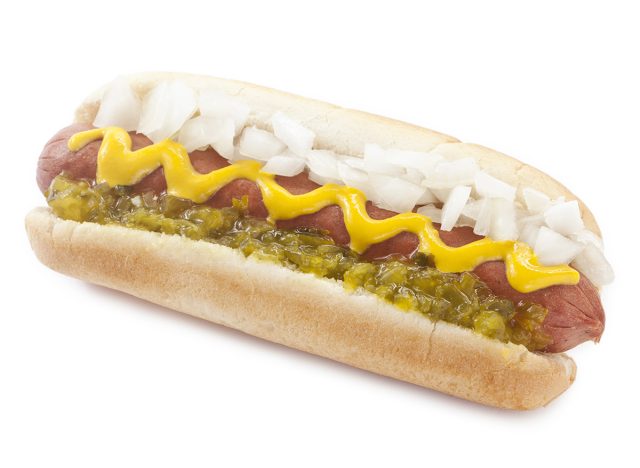Close up image of delicious hot dog sandwich against white background