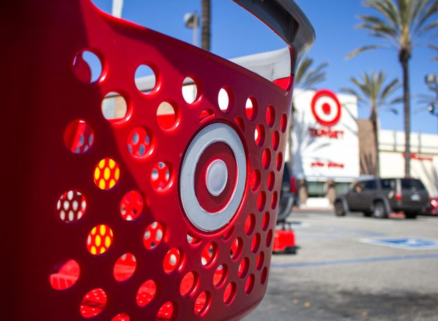 A view of a shopping cart parked in front of a Target department store.