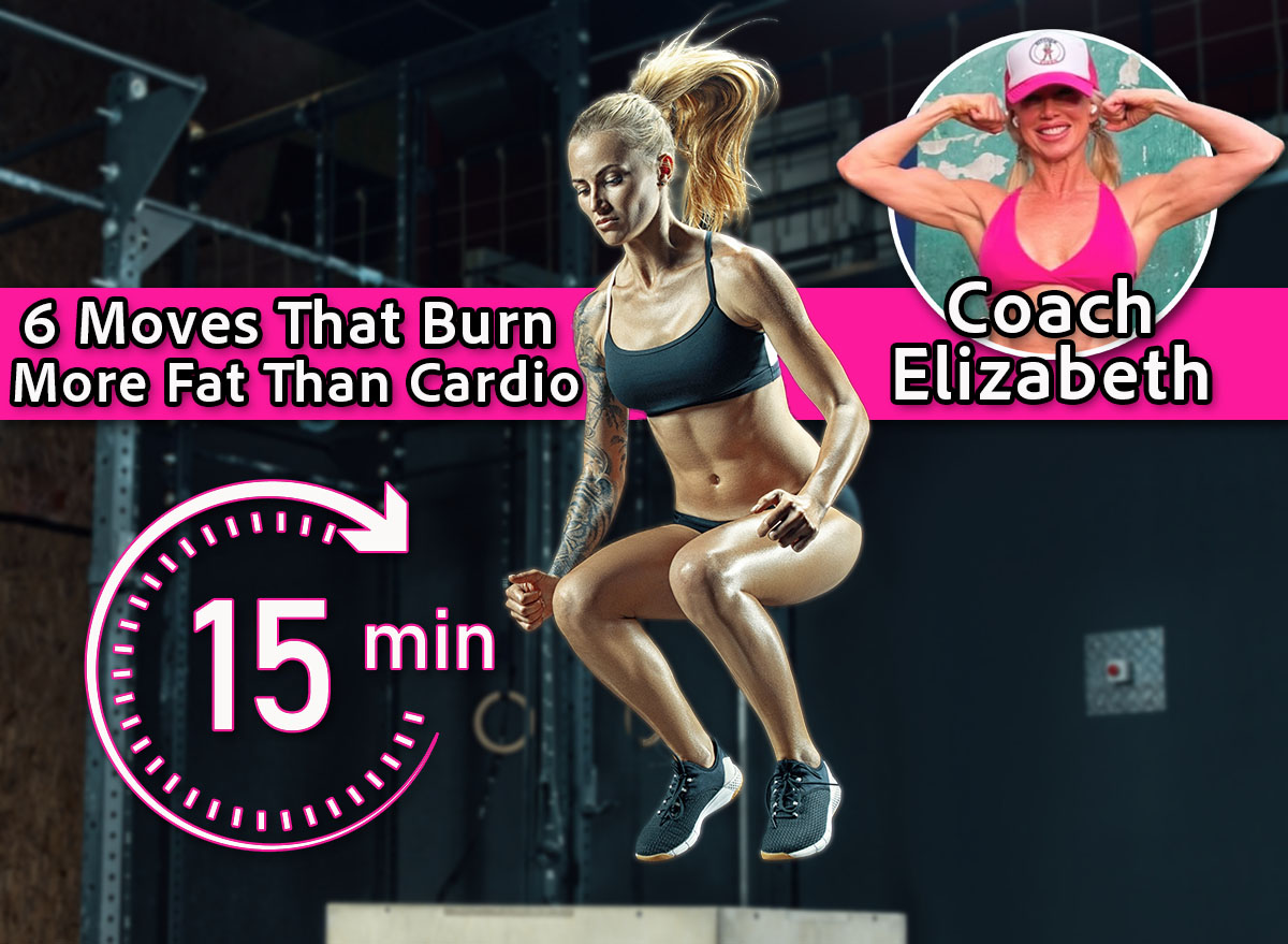 Crossfit young beautiful woman jumping onto a box as part of exercise routine. Fitness woman doing box jump workout at gym. Box jumping workout at modern gym. Powerful attractive muscular woman.