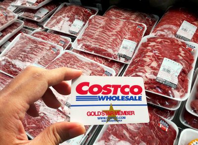 Costco Wholesale Warehouse Shopping, Member Club, Member Card, Meat Packaging as Background