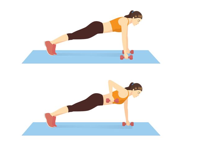 Woman doing Dumbbell exercise with renegade row on a blue mat in 2 steps. Illustration about Fitness with lightweight equipment.