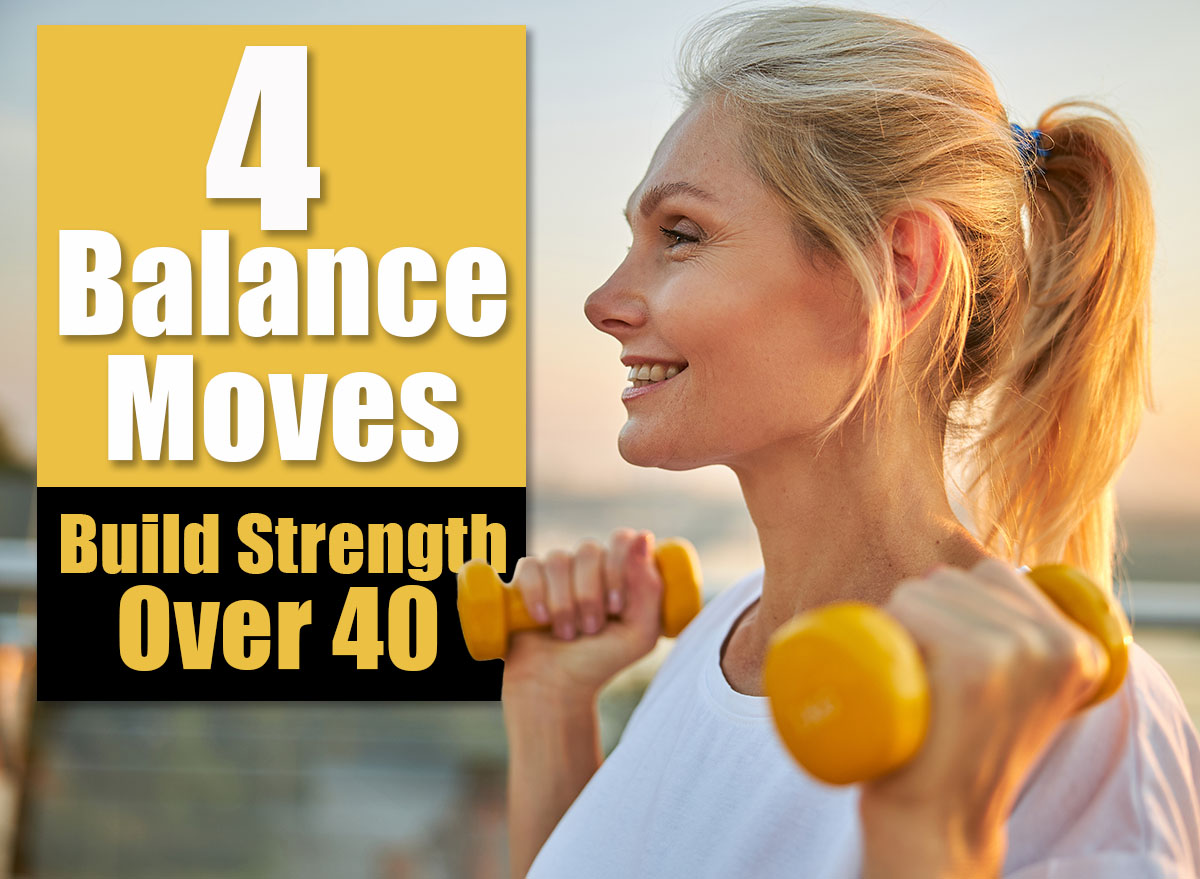 Side view of a smiling woman with a pair of dumbbells in her hands looking into the distance