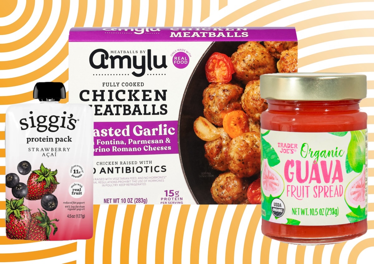 Groceries, fruit spread, meatball, chicken, yogurt