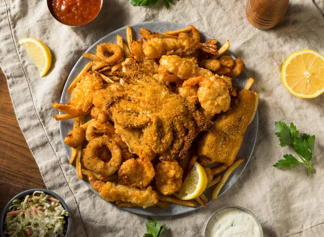 Deep Fried Seafood Platter with Fries and Tartar Sauce