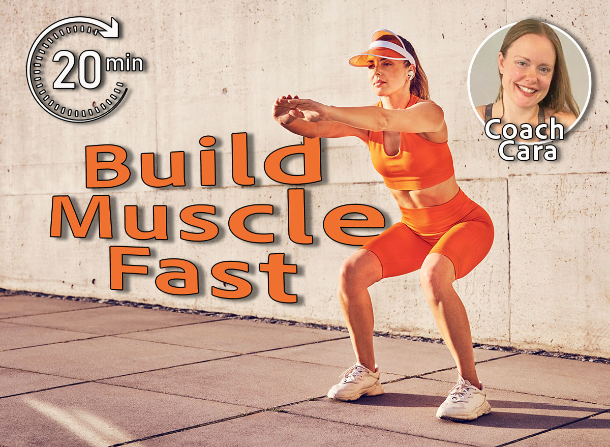 5 Muscle-Building Moves You Can Do in Just 20 Minutes, Cover, Coach Cara, Athletic adult woman doing squat exercise outdoors against concrete wall