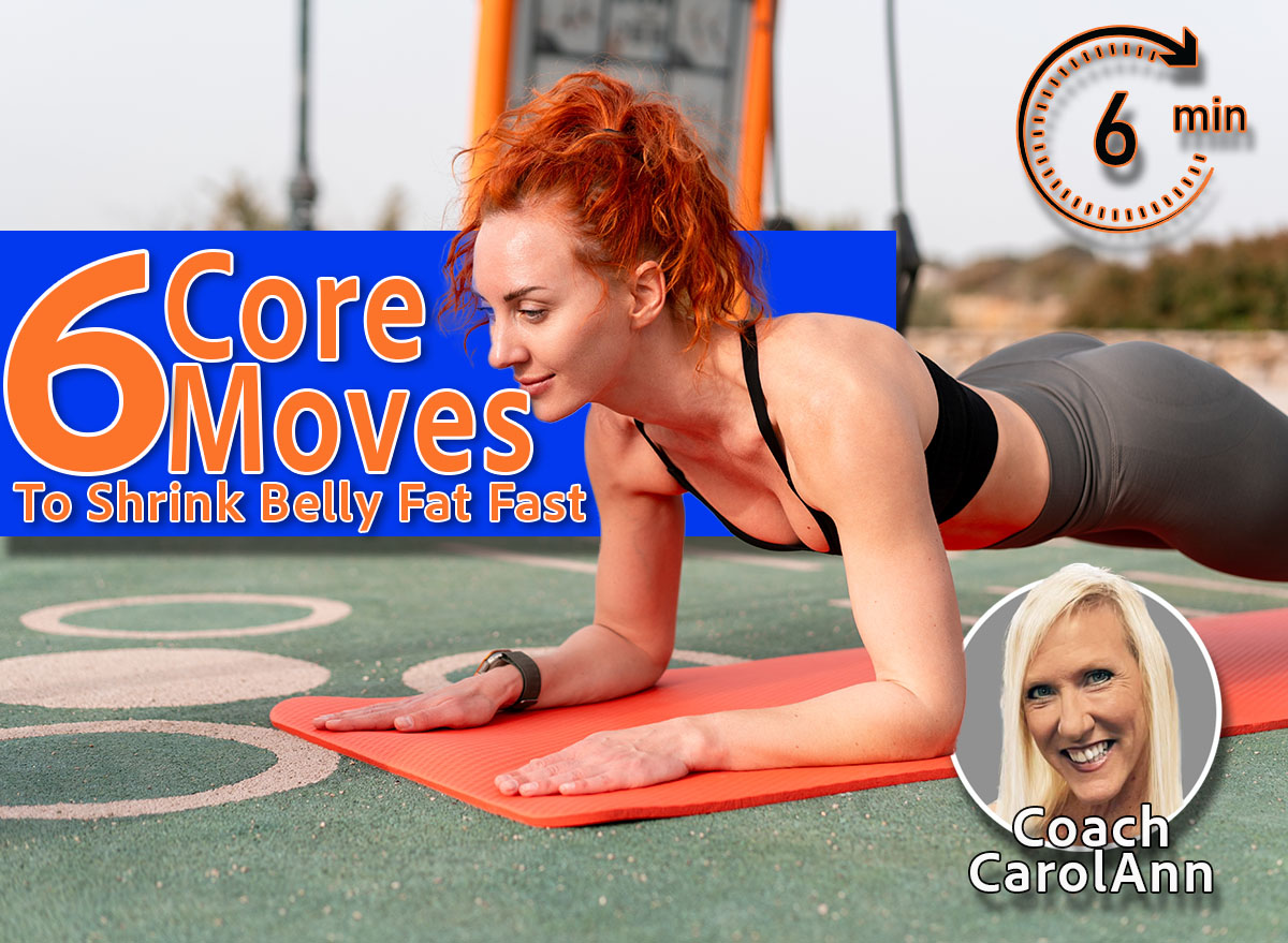 6 Lower Core Moves That Shrink Belly Fat Fast, Trainer Says, Cover.Happy fit strong woman with red hair doing plank exercise on mat. Side view of female athlete in sportswear doing fitness exercise outdoors on sunny summer day.