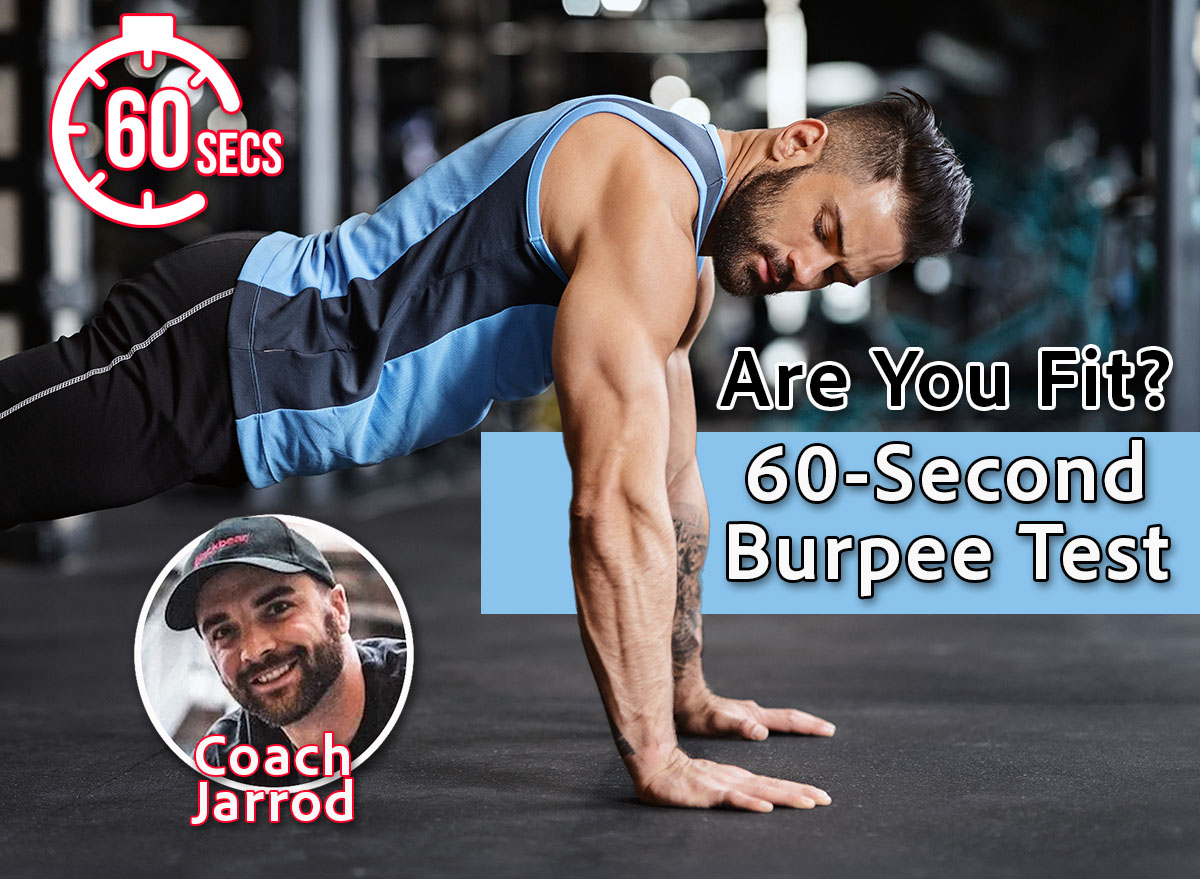 How Many Burpees Can You Do in 60 Seconds? Here's What It Says About Your Fitness, Cover. Sporty young man doing pushups in gym, side view, free space