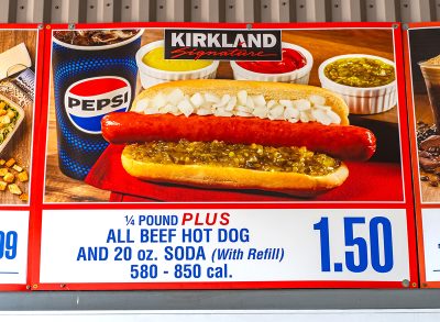 Famous all beef hot dog and fountain drink offering inside Costco Warehouse Food Court.