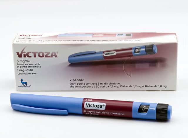 Victoza liraglutide injection pen. Italian package. White background.