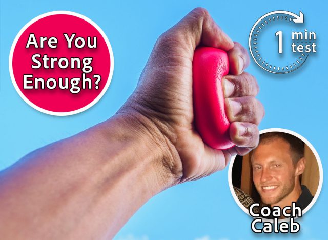 Coach Caleb Herman, The 1-Minute Grip Test That Reveals Your Real Fitness Level, cover, Red heart shaped stress ball squeezed in a hand against a clear blue sky with scattered clouds