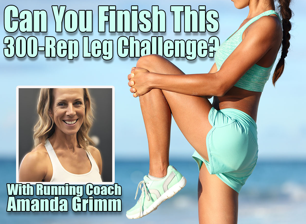 Fitness runner body closeup doing warm-up routine on beach before running, stretching leg muscles with standing single knee to chest stretch. Female athlete preparing legs for cardio workout.