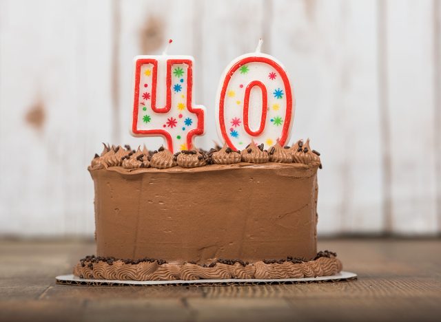 Chocolate frosted cake with 40 or forty candles on it for a 40th birthday or anniversary