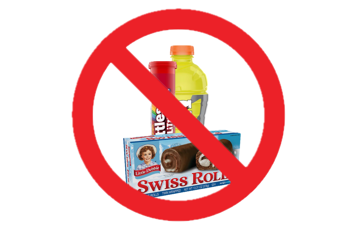 Banned food, gatorade, skittles, little Debbie, Swiss rolls, groceries