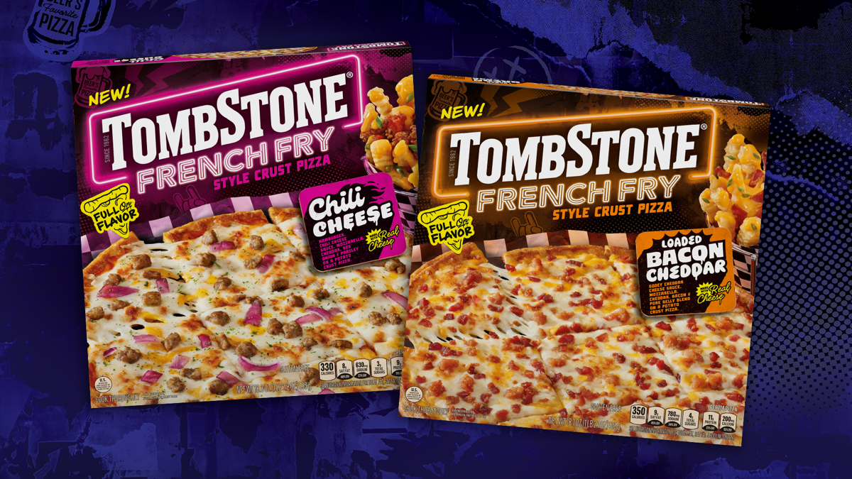Tombstone French Fry Style Crust Pizzas in Loaded Bacon Cheddar and Chili Cheese‍ flavors.