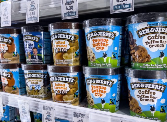 Sacramento, CA, USA August 31st, 2022 Ben and Jerry's brand ice cream containers for sale at a local supermarket aisle