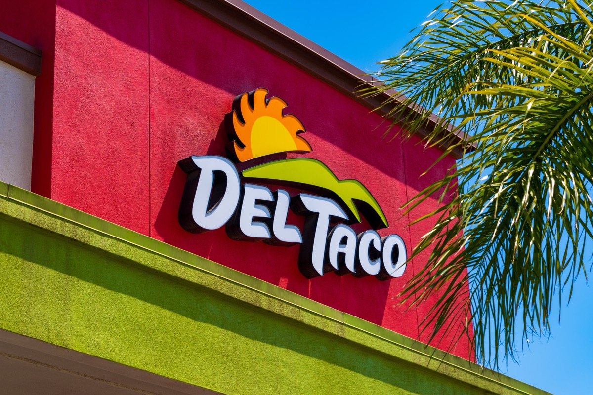 Upland, USA – April 15, 2023: Del Taco is an American fast food restaurant chain that specializes in American-style Mexican cuisine as well as American foods such as burgers, fries, and shakes.