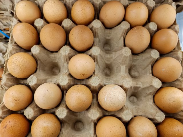 fresh brown chicken eggs arranged in a paper carton tray. Natural organic eggs in bulk packaging, commonly found in markets, farms, and grocery stores.