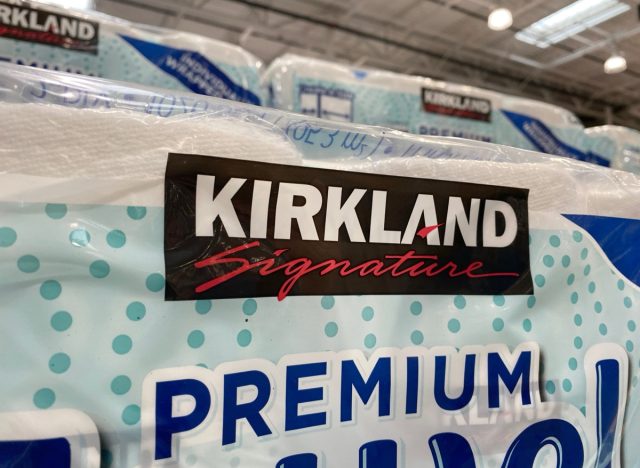 Hackensack, New Jersey - March 15, 2025: The Kirkland Signature logo on a package of paper towels at wholesale retailer Costco Business Center.