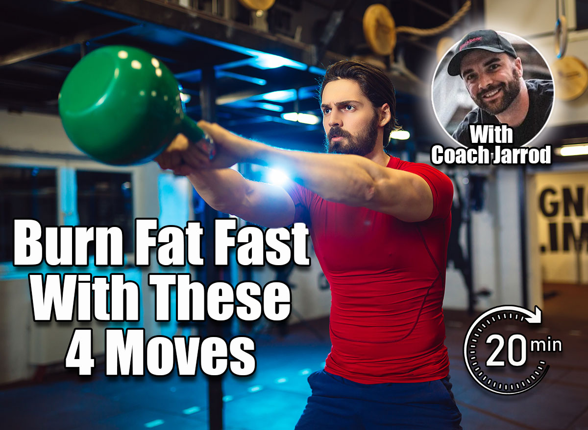 Handsome man doing a weight training by lifting kettlebell. The 4-Move Kettlebell Circuit That Torches Fat in Under 20 Minutes. Cover