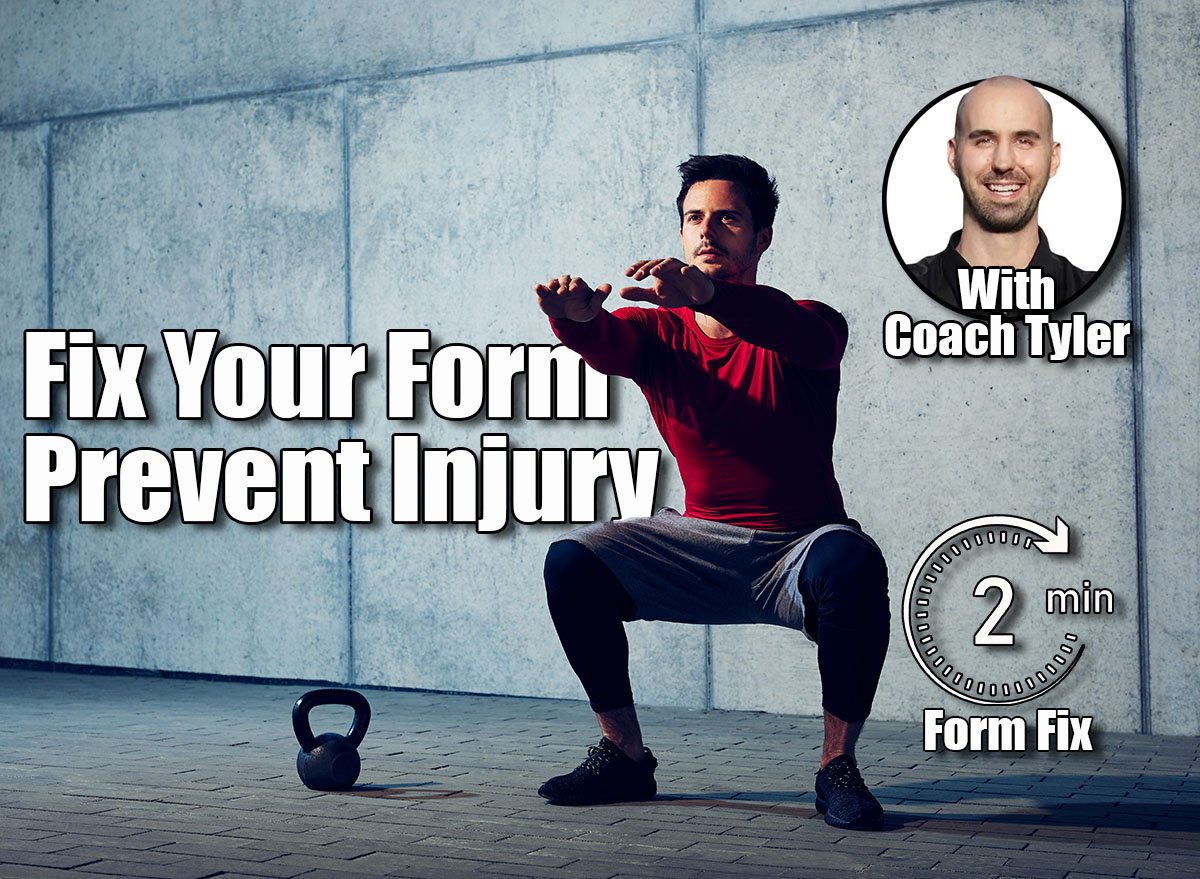 Athletic man doing squats preparing to do kettlebell exercises. If You Can Master These 4 Moves, You'll Never Get Injured Again. Cover