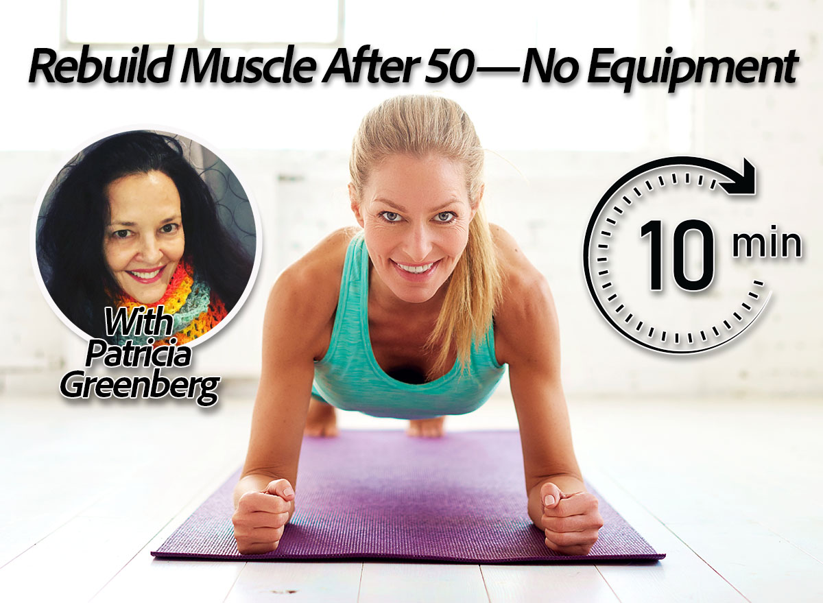 Portrait shot of attractive middle aged woman doing plank exercises on yoga mat in the fitness studio. 5 Simple Bodyweight Moves To Rebuild Muscle After 50. Cover