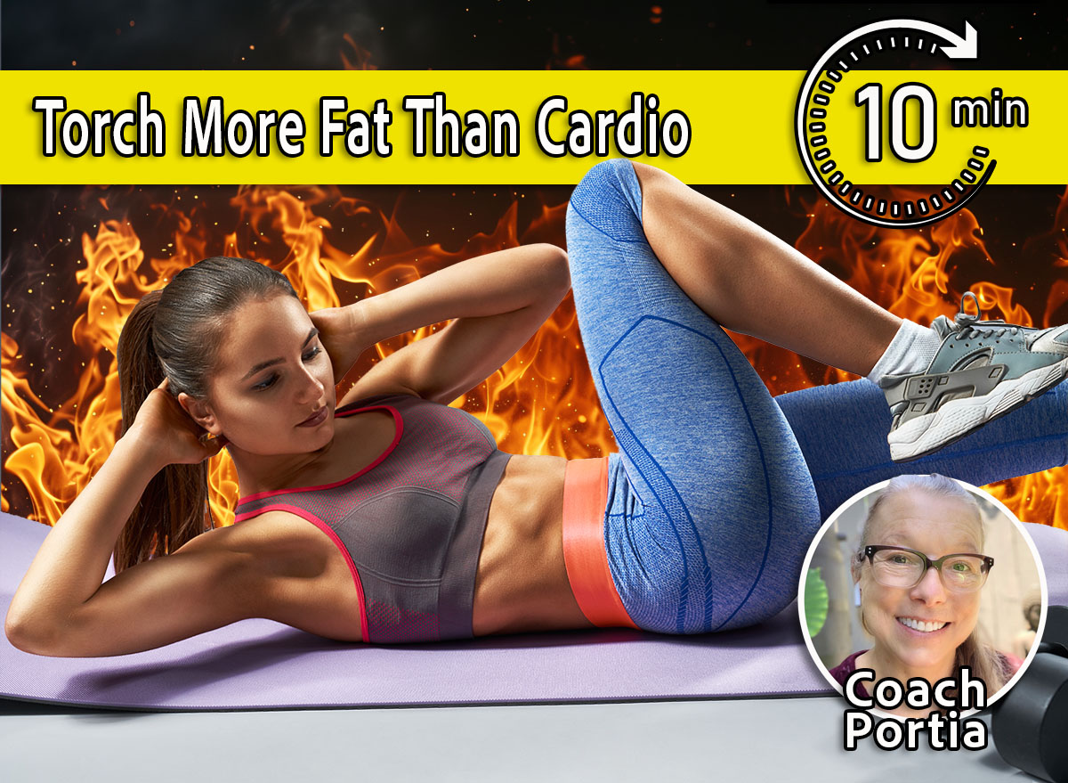 4 Bodyweight Moves That Torch More Belly Fat Than Cardio Class, cover, Coach Portia. Tanned young sexy athletic girl in sportswear lying on yoga mat and doing leg raising and twisting exercises.Attractive brunette woman doing abs workout with gray background behind