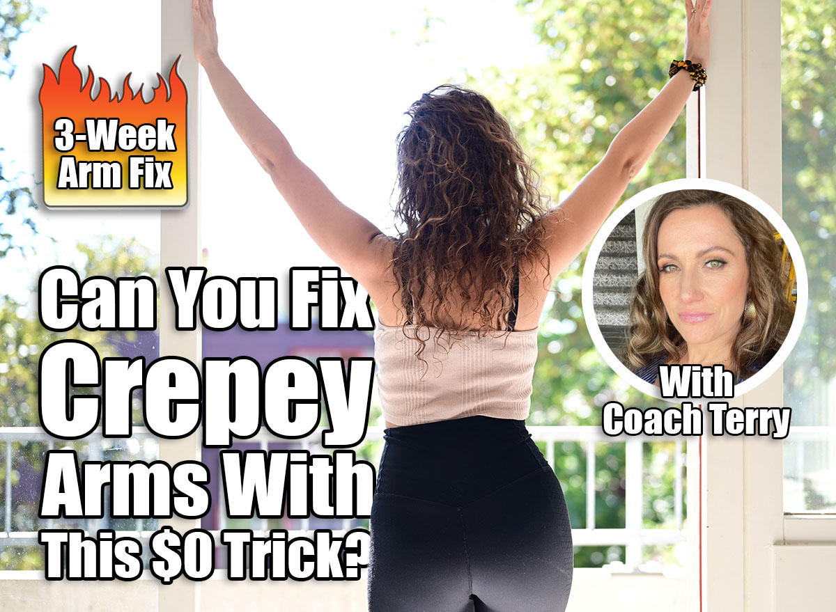 The $0 Doorway Trick That Erases Crepey Arms in 3 Weeks. cover. Fit and healthy girl with a sporty legging standing in the doorway to the balcony of her apartment