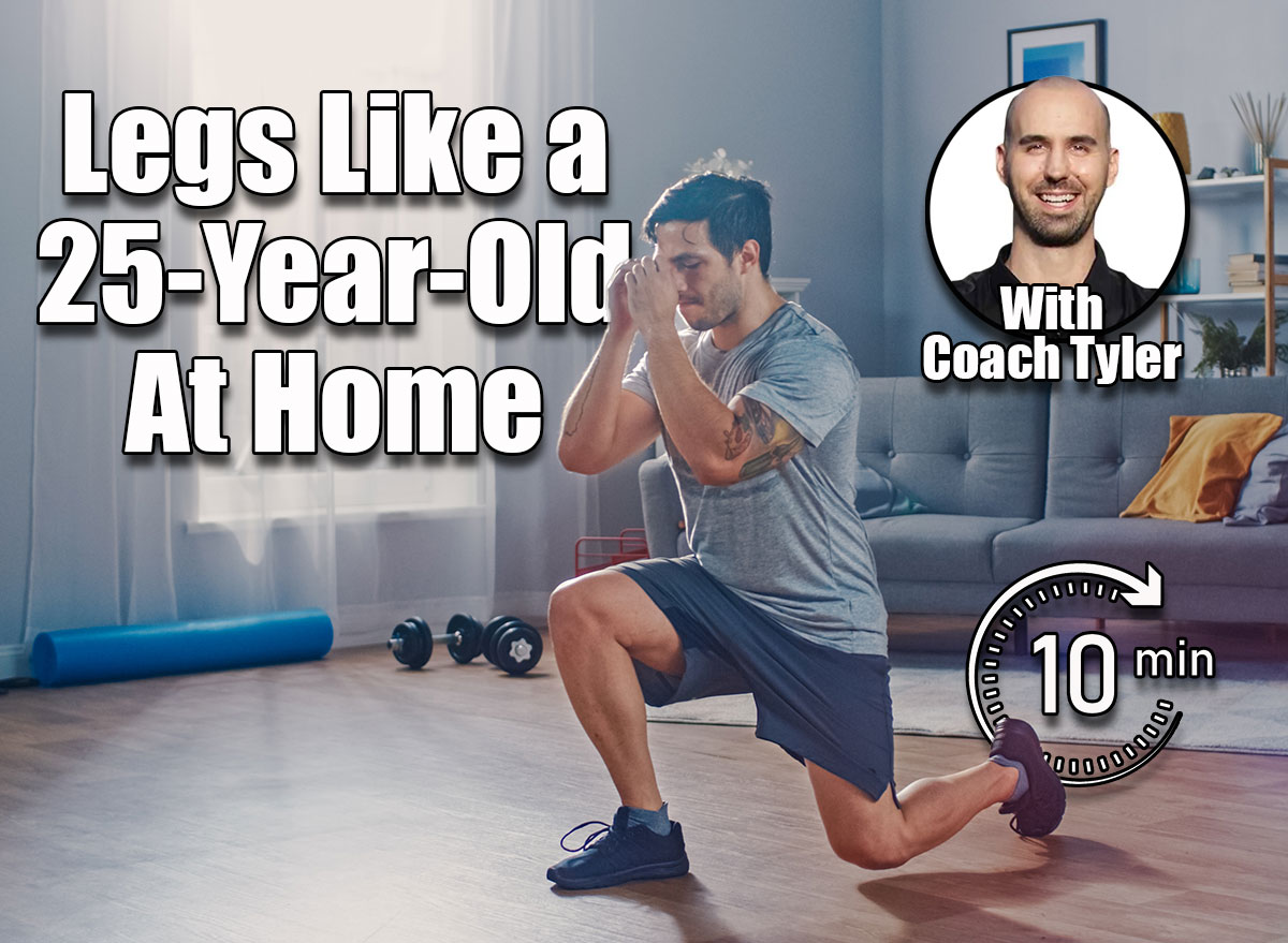 Strong Athletic Fit Man in T-shirt and Shorts is Doing Forward Lunge Exercises at Home in His Spacious and Bright Apartment with Minimalistic Interior. 5 Living Room Moves That Build Legs Like a 25-Year-Old, No Gym Required, cover