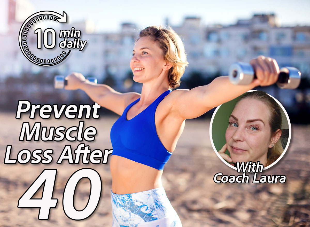 Laura Caddy. 6 Fitness Habits for Women To Prevent Muscle Loss After 40 Cover. Woman with short blond hair training with dumbbells outdoor. People, fitness and healthcare concept