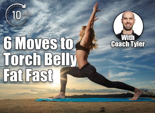 Do These 6 Morning Exercises To Torch Belly Fat All Day, cover. Woman practicing Warrior yoga pose outdoors over sunset sky background.