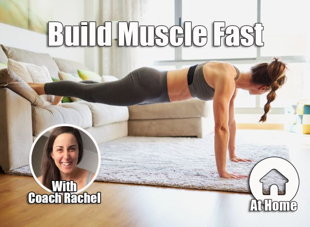 Unrecognized strong fit woman doing a plank at home with feet elevated on sofa. 4 Bodyweight Moves That Build Muscle Faster Than You Think Cover