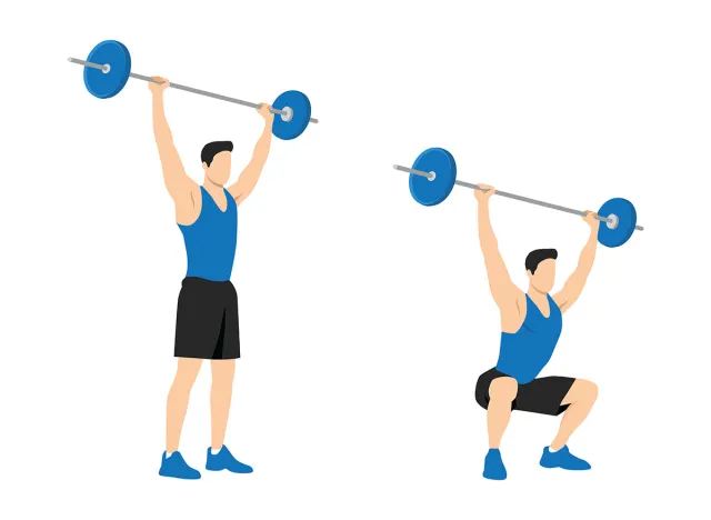 Man doing barbell overhead squats exercise. Flat vector illustration isolated on white background
