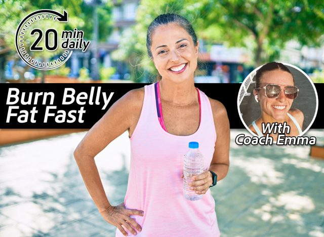 Middle age sportswoman smiling happy holding bottle of water at the park. This Simple Walking Plan Can Help You Melt Belly Fat. Cover