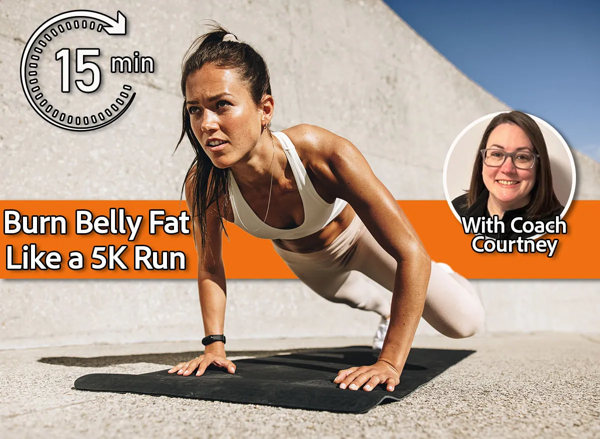 15-Minute Workout That Torches Belly Fat Like a 5K, Trainer Says, Cover, Coach Courtney Kuenn. Fitness woman doing wide mountain climbers exercise. Female in sportswear exercising on fitness mat outdoors.