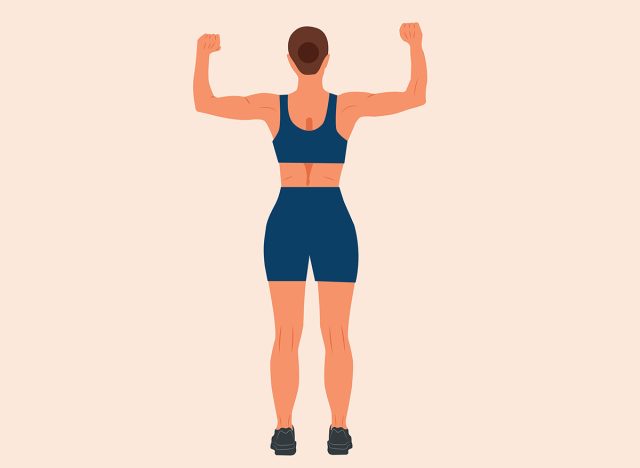Fitness Model. The woman standing with the sportswear . Strong Woman with muscular jock. Posing bodybuilding. Woman exercising with her back turned shows her arm muscles Isolated vector illustration