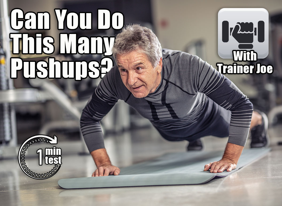 Senior male stays fit by doing pushups on a mat inside the fitness center. If You Can Do This Many Pushups, You’re Stronger Than Most People Over 50. Cover