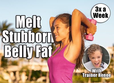 Fitness arm workout Asian girl training triceps muscles doing tricep overhead extension exercise outdoor in park banner. Happy athlete working out outside with pink dumbbells. 3 Weekly Gym Workouts That Melt Stubborn Belly Fat, Trainer Says. cover